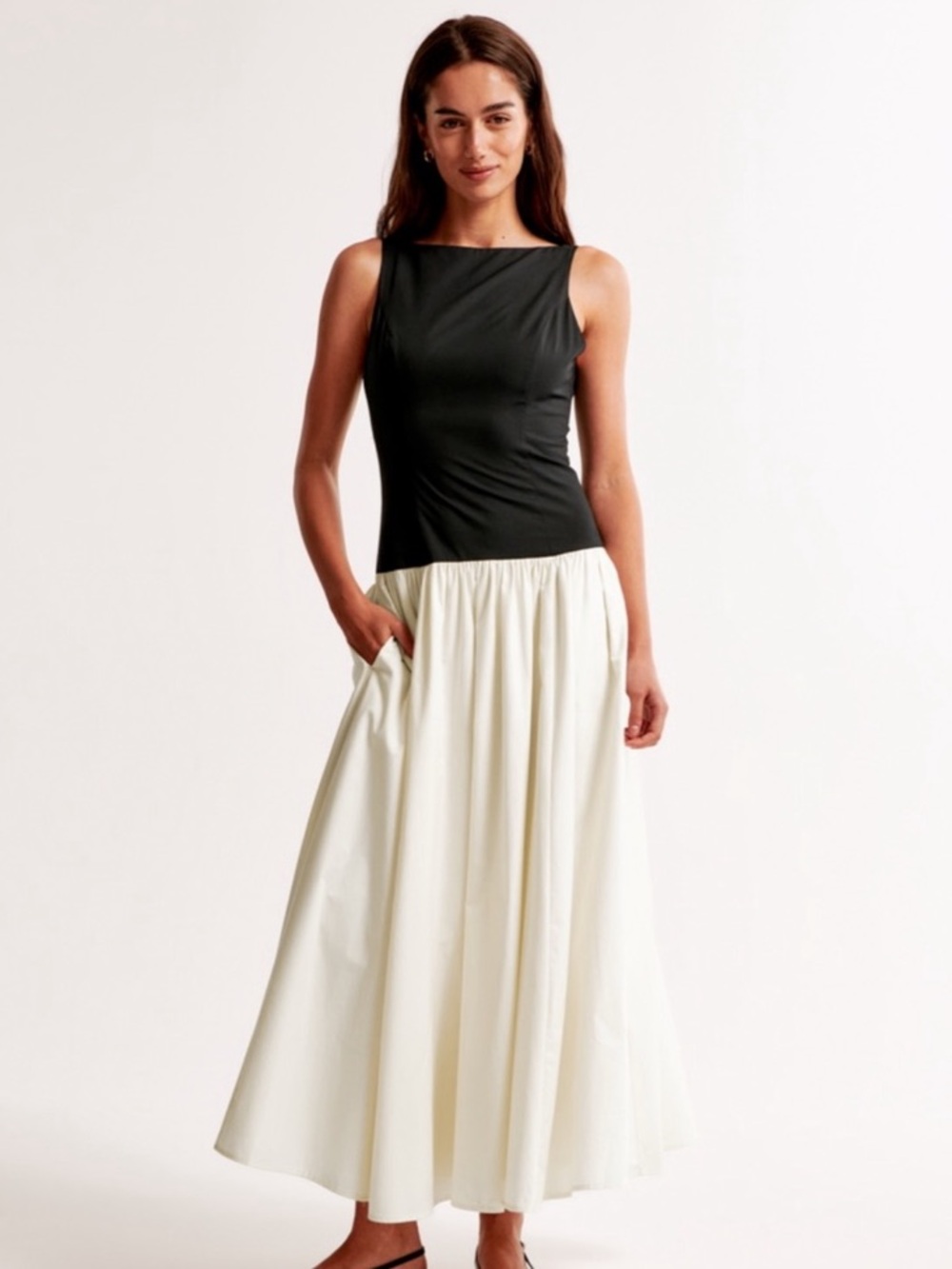 Abercrombie & Fitch Black Bodice Two-Tone Midi Dress with Cream Skirt